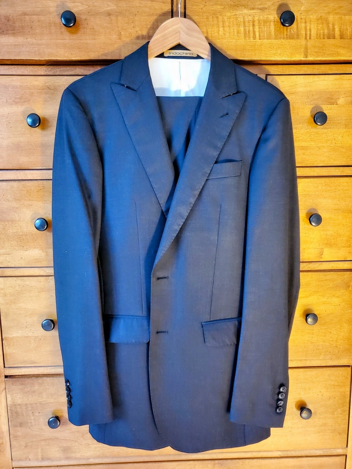 Mens 2 piece suit 36L 32×34 charcoal gray 120s wool tall thin peak lapel