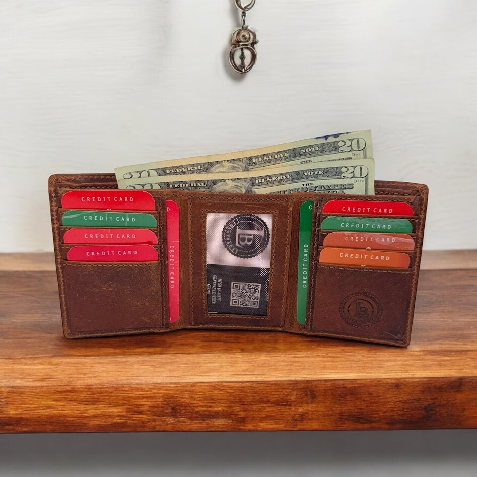 RFID Blocking Brown Vintage Leather Men’s Trifold Center Flap Wallet