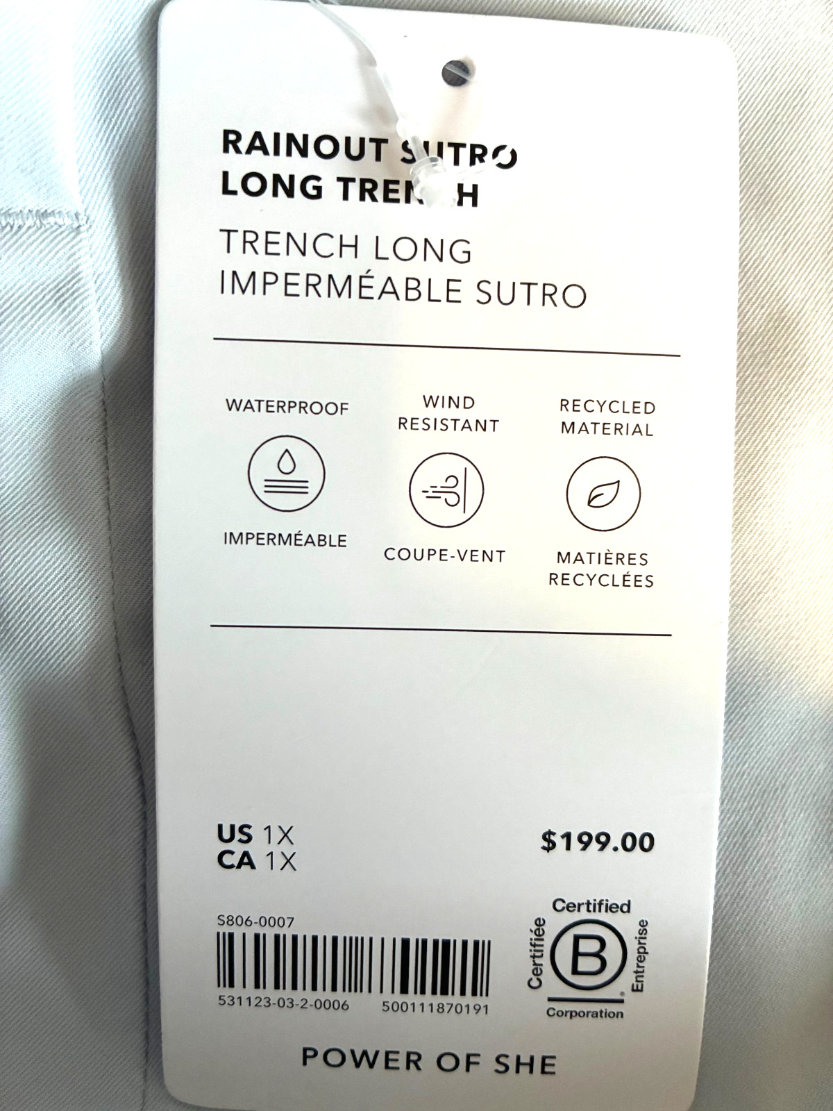 Athleta 1X RAINOUT Sutro Long Trench Jacket Snowfall Blue Waterproof #531123
