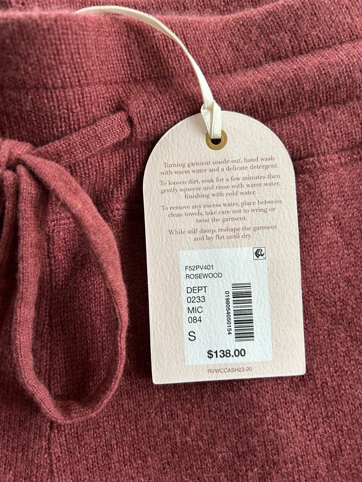 Van Winkle & Co Cashmere Drawstring Tie Lounge Pants Sz S Rosewood $138 NWT