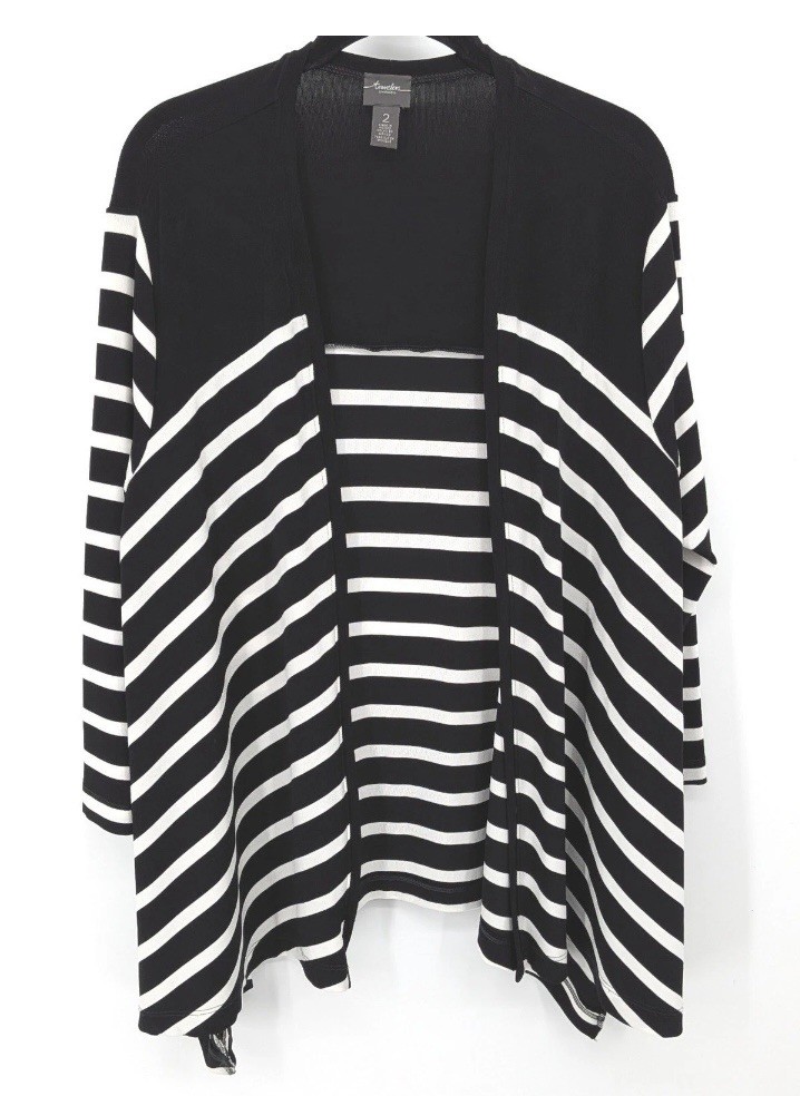 Chicos Travelers Womens Size 2 (12/14) Black White Striped Oversize Open Front