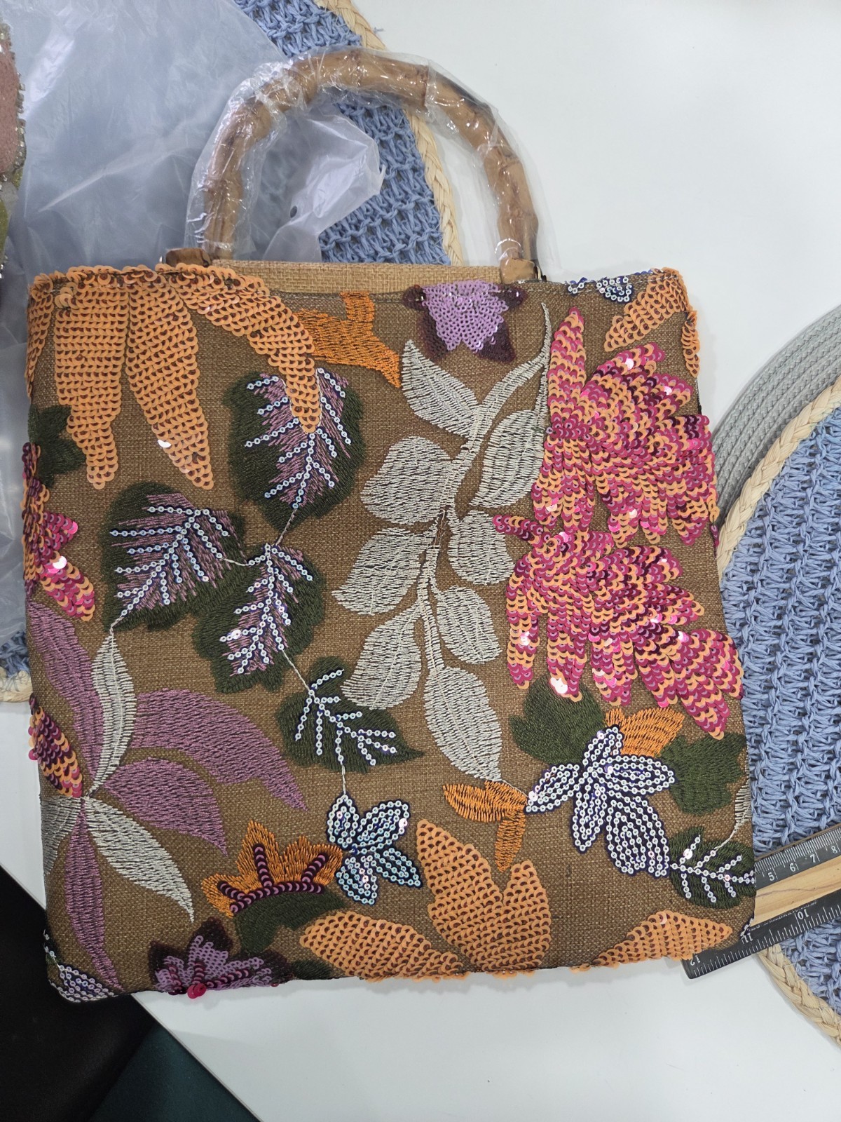 Women’s Brown Floral Beaded Sequin Tote Bamboo Top Handle Magnetic Pockets