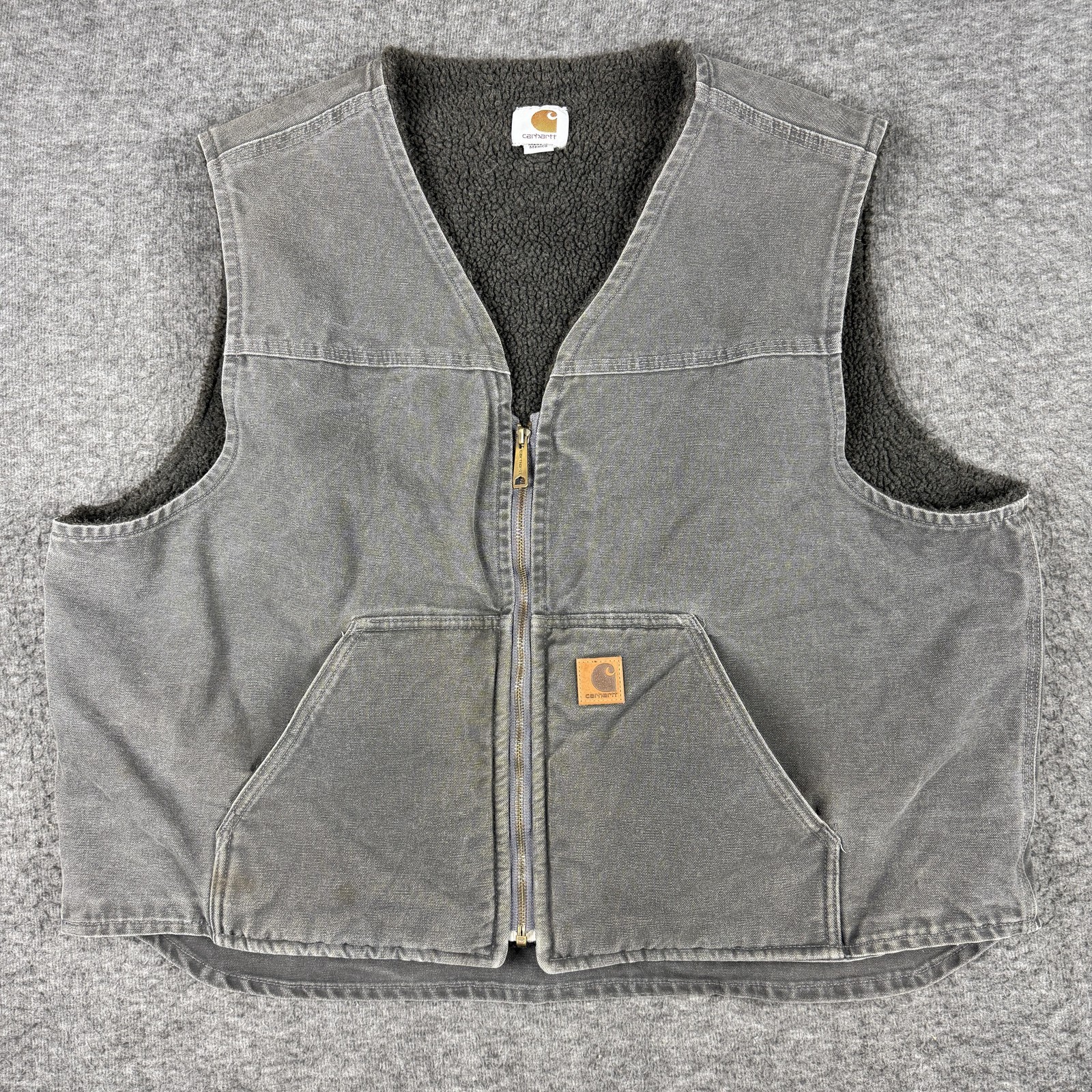 Carhartt Vest Mens 2XL Gray Canvas Sherpa Fleece Lined Workwear V26-GVL