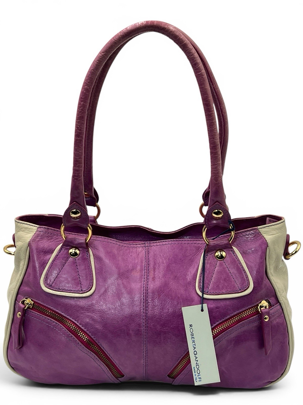 Vintage Roberta Gandolfi Italian Leather Bowler Bag Purple Beige Y2K Purse Tote