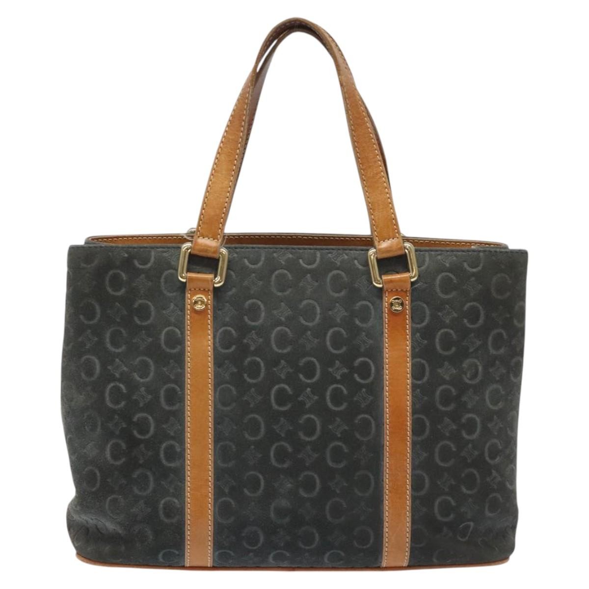 CELINE C Macadam Canvas Hand Bag Suede Gray Gold Auth mr1055