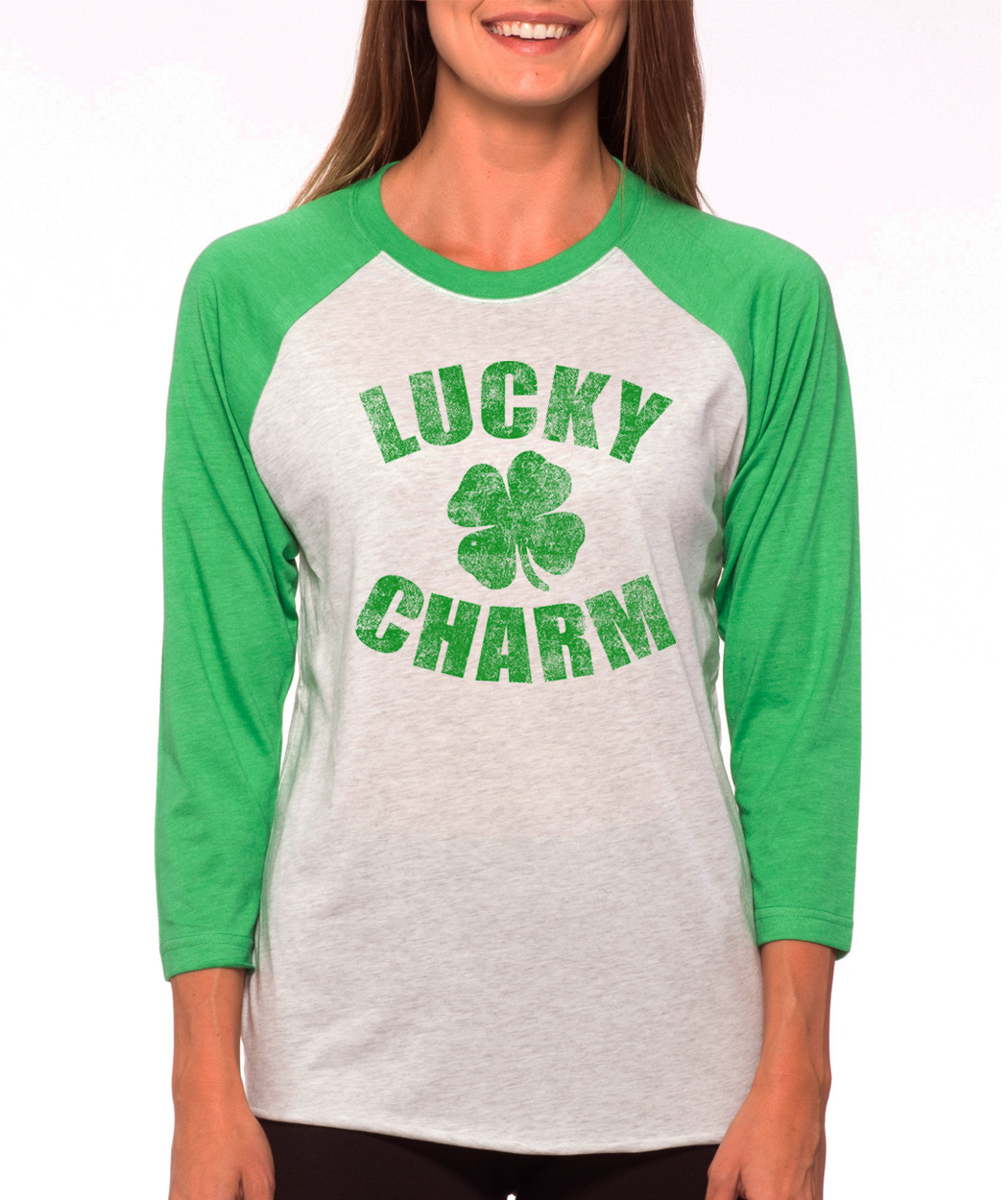 LUCKY CHARM Clover Shamrock St.Patrick’s Day Irish Holiday 3/4 Sleeve T-Shirt