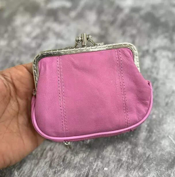 Pink Genuine Leather Woman Coin Purse Double Frame Change Wallet