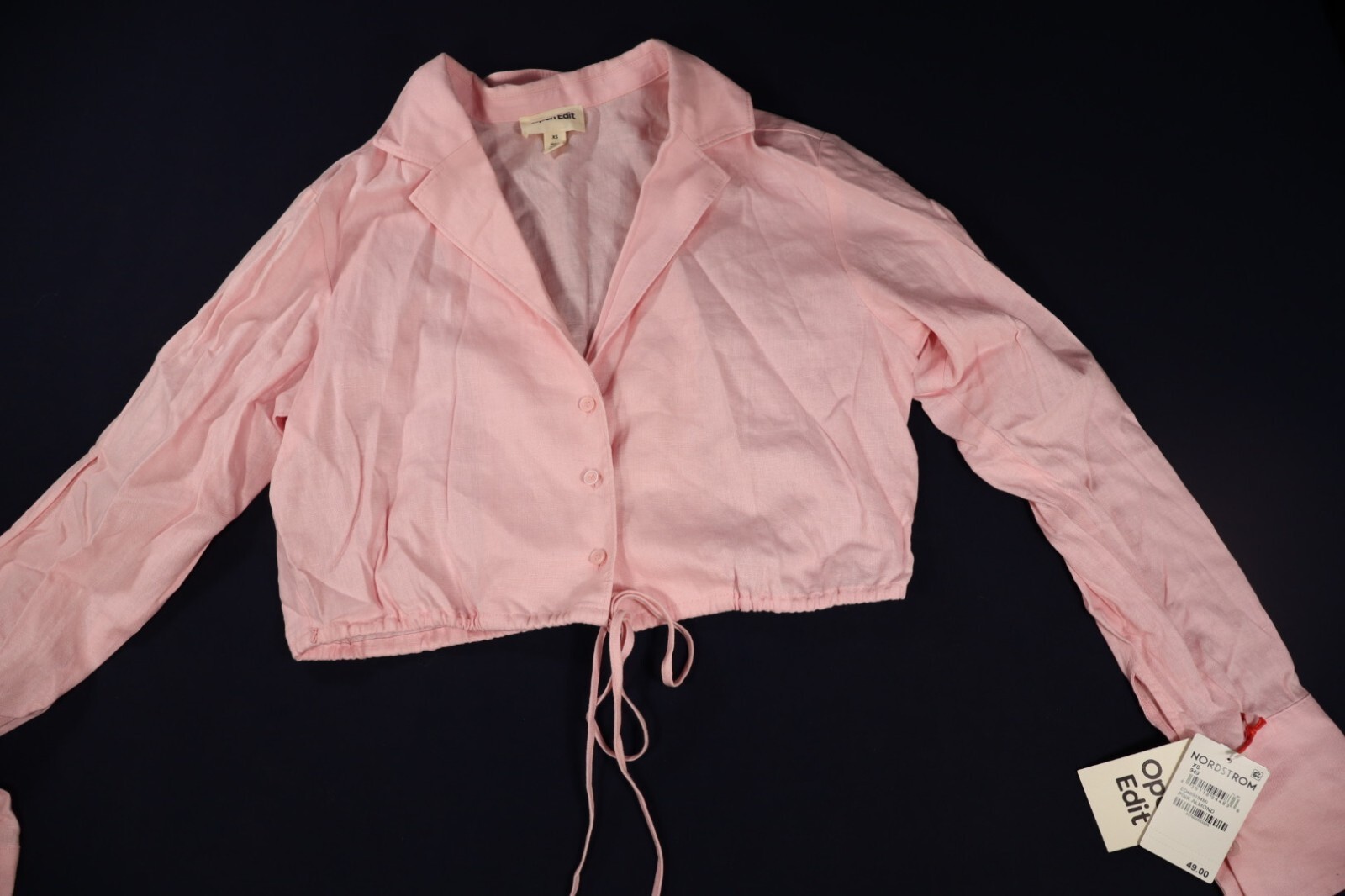 Open Edit Pink Cropped Button-Up Blouse with Drawtie New WT