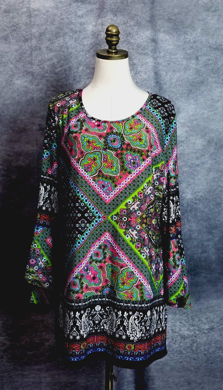 Calessa Women’s Size L Multi Color Boho Paisley Medallion Tunic Top Bell Sleeves