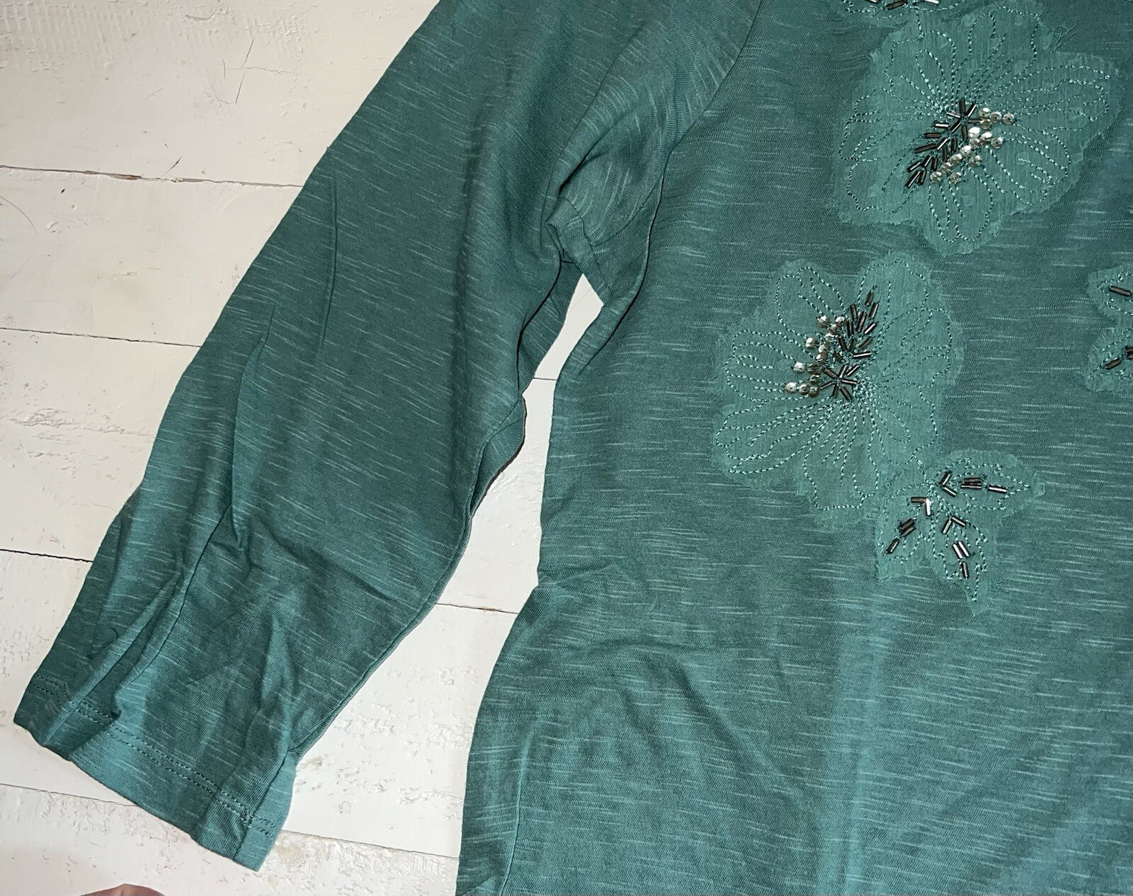 LOGO by Lori Goldstein light spearmint slub knit top with swiss dot trim Medium