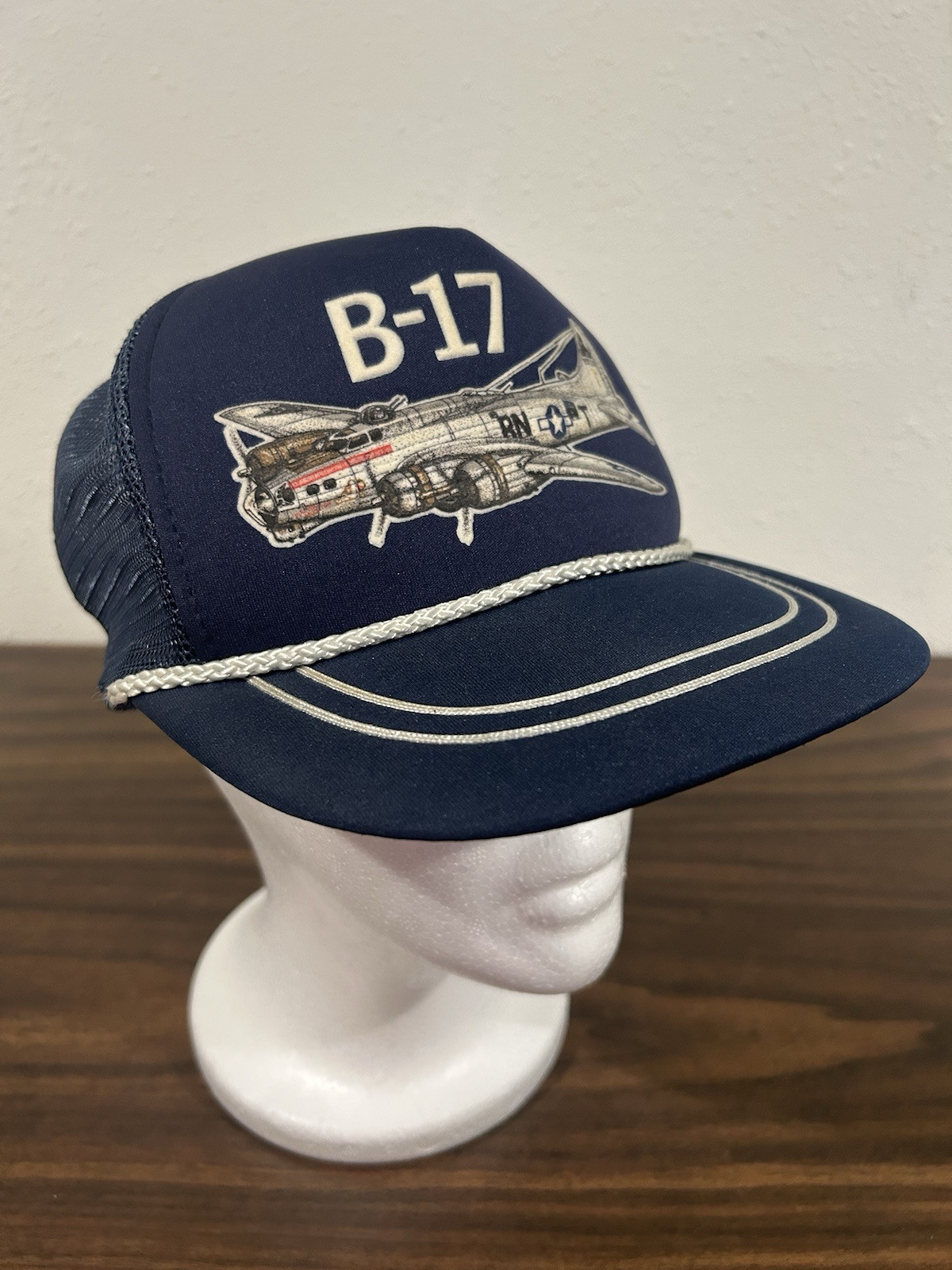 Vintage B-17 Flying Fortress Bomber Rope Snapback Cap Blue Mesh Trucker Hat Jet