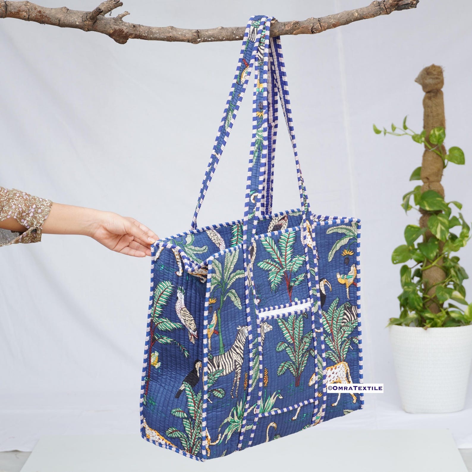 Handmade Cotton Tote Bag Navy Blue Jungle Animal Print Boho Shoulder Shopper