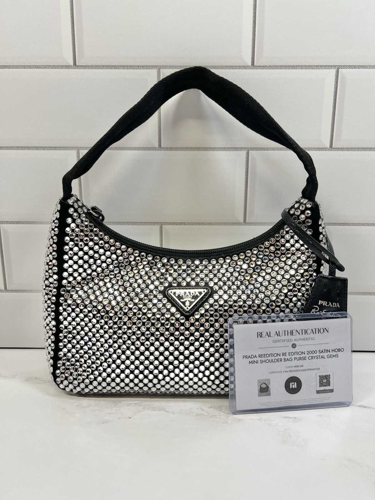 Prada Reedition Re edition 2000 Satin Hobo Mini Shoulder Bag Purse Crystal Gems