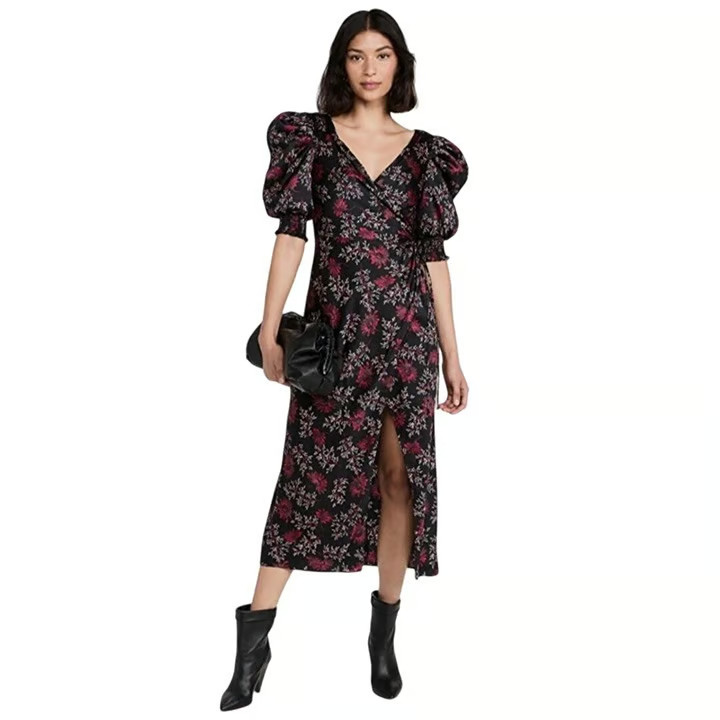 Cinq A Sept Tumbled Daisy Kacy Wrap Dress Raspberry Size 4 Puff Sleeve $425