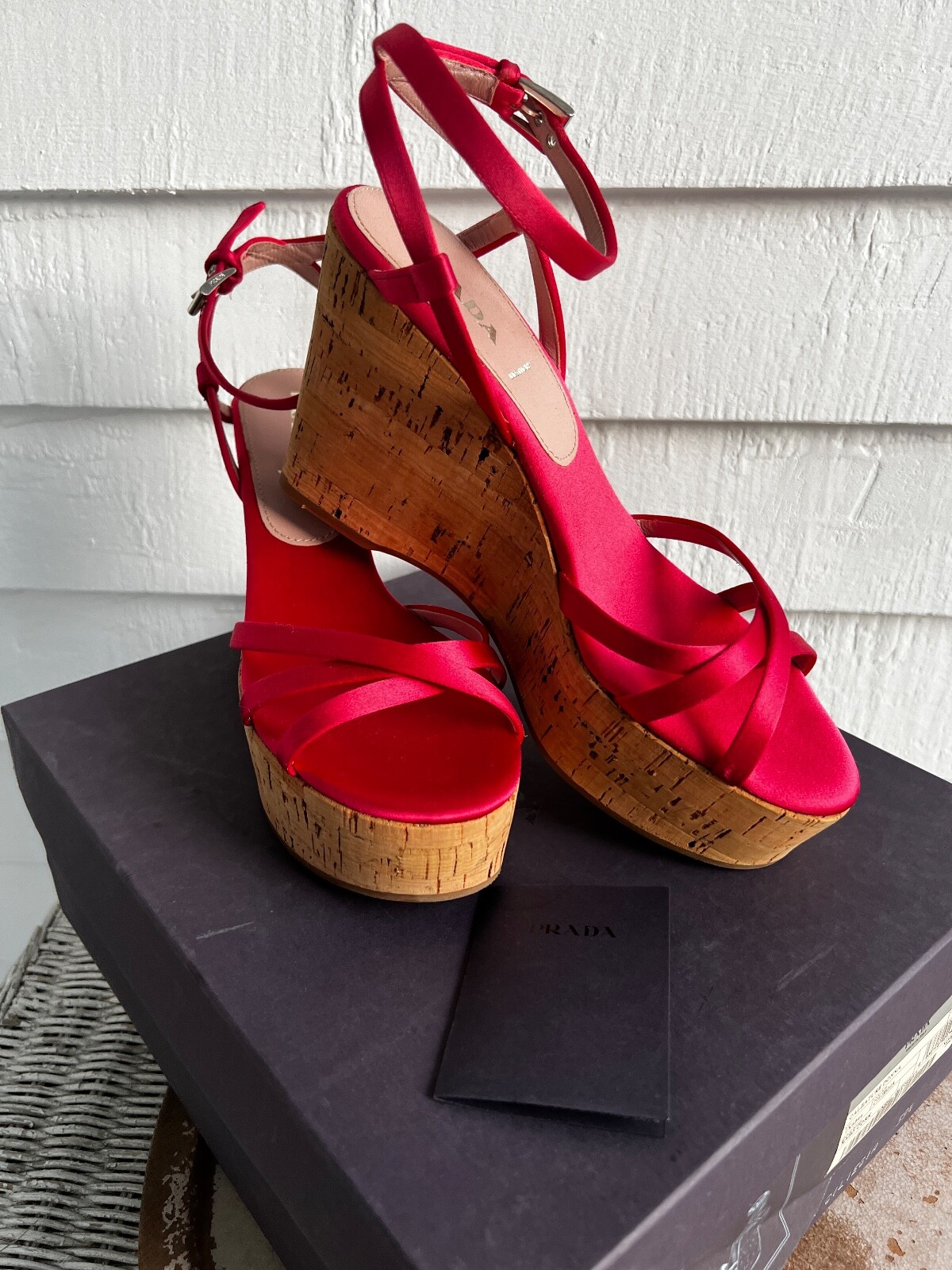 New PRADA Raso Cork Strappy Satin Platform Wedges Size 39.5 Cherry Ciliegia Red