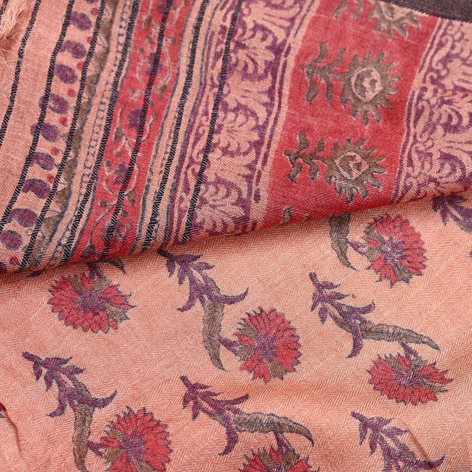 Vintage Peach Wool Saree Indian Pure Woolen Woven Floral Fabric 6Yard Soft Warm