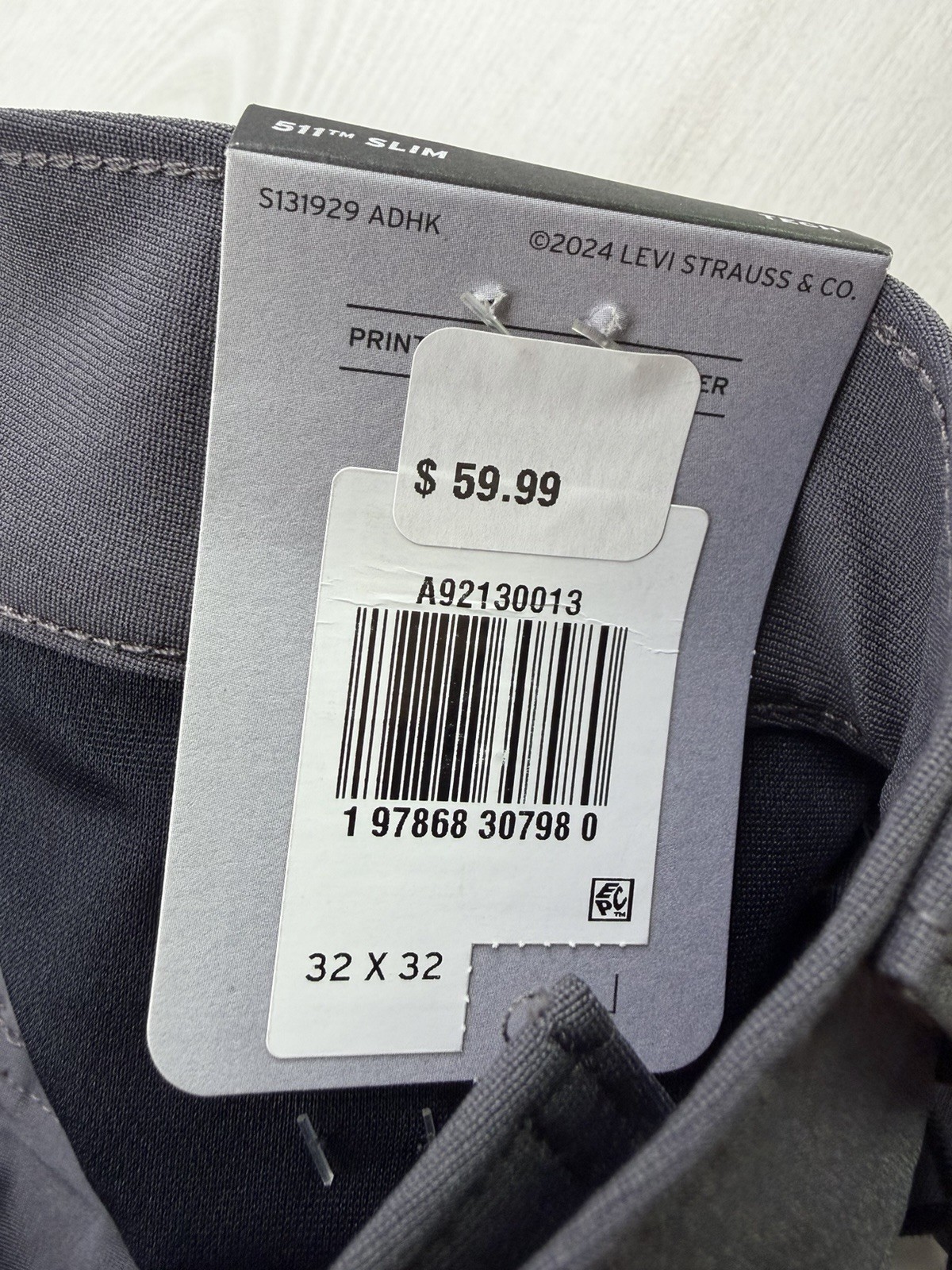 Levis 511 Slim Tech Pants Gray Performance Stretch UPF 50 Quick Dry 32×32 NWT