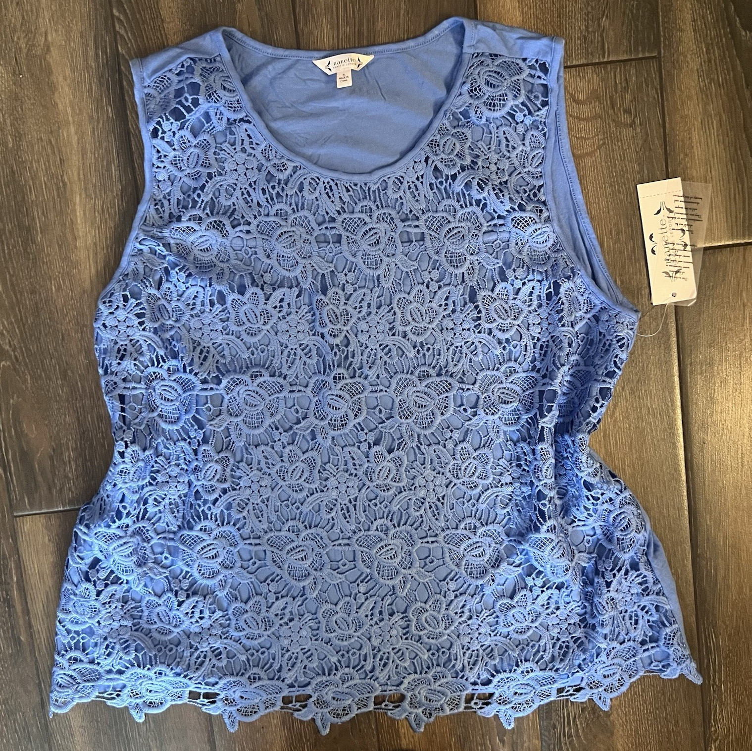 Nanette Lepore Women’s Blue Floral Lace Tank Top Scoop Neck Sleeveless XL