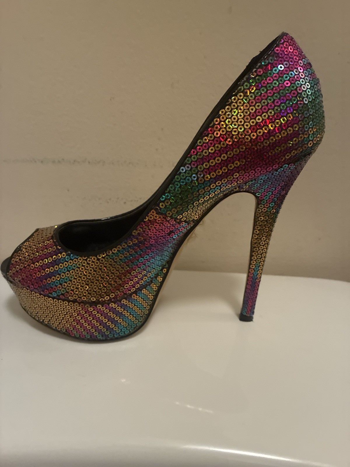 Aldo Women’s Multicolor Sequin Platform Stiletto Open Toe Slip On Pumps 6.5