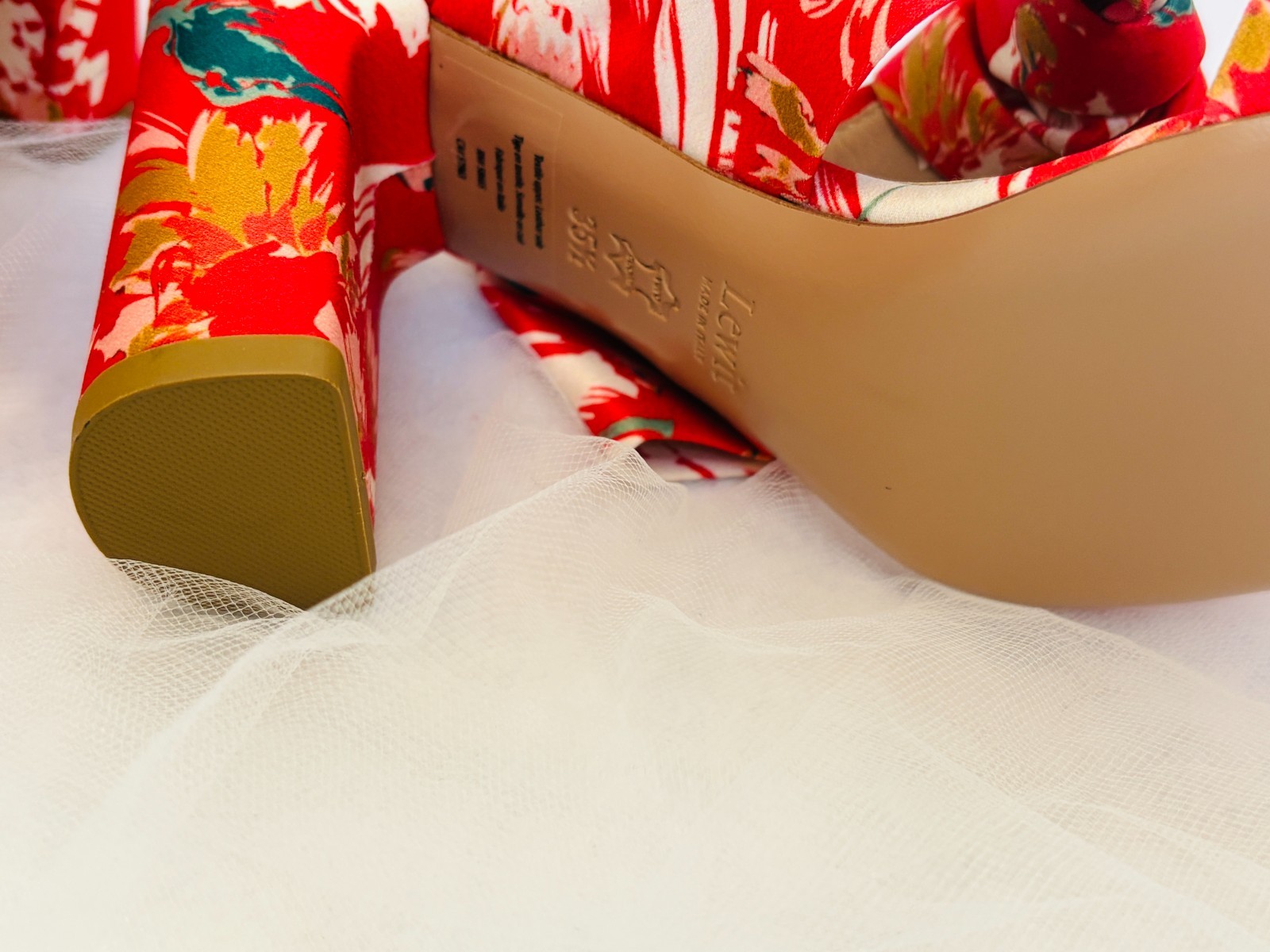 Lewit Rosa Floral Print Bow Mule Pumps Block Heel Red Satin -Size 6 (35 1/2)