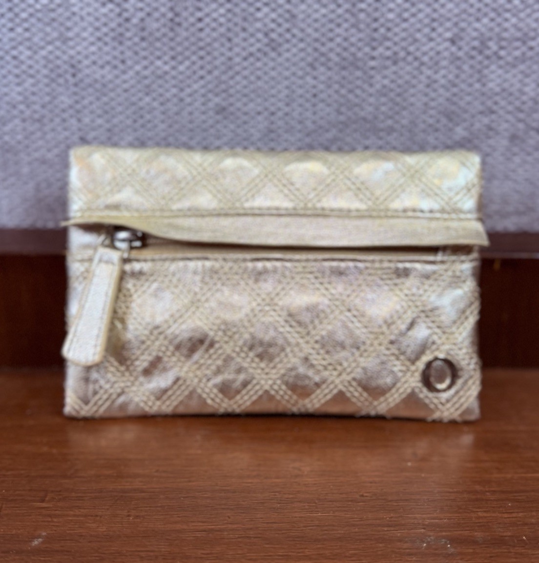Oroton Quilted Gold Leather Coin Purse Small Zip Key Wallet Pouch Quality