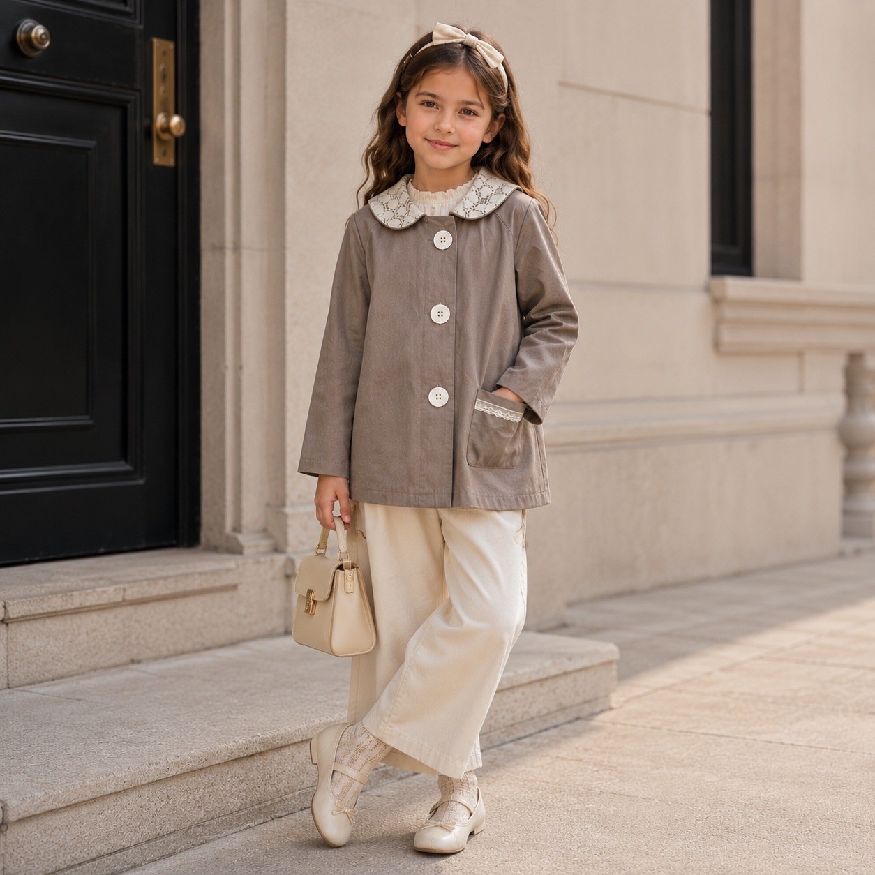 Jelly the Pug Girls 8 Shannon Grigio Coat Lace Collar Taupe Dress Jacket NEW