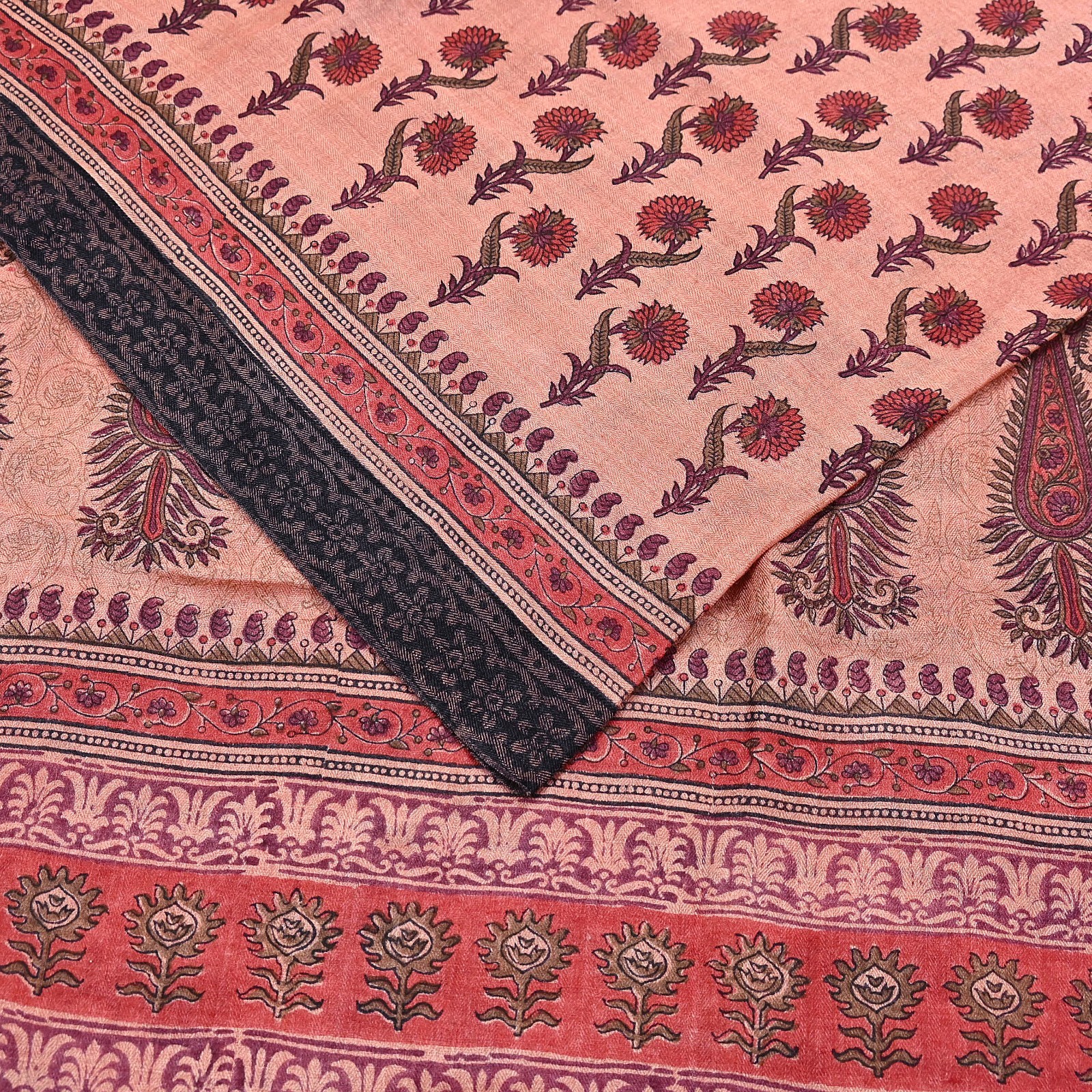 Vintage Peach Wool Saree Indian Pure Woolen Woven Floral Fabric 6Yard Soft Warm