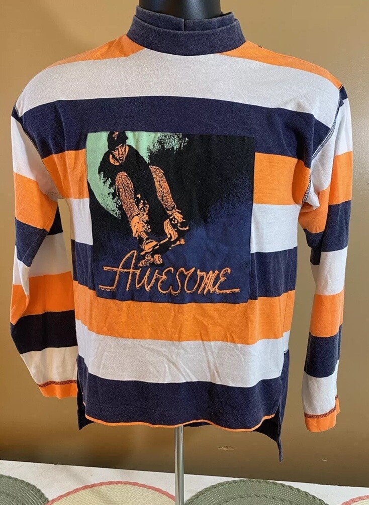 Vintage TG Y2K Awesome Skateboarding Print Striped Long sleeve Shirt Sz L 16/18