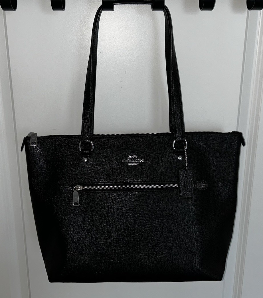 Coach Large Black Crossgrain Leather Silver Zip Closure City Tote EUC