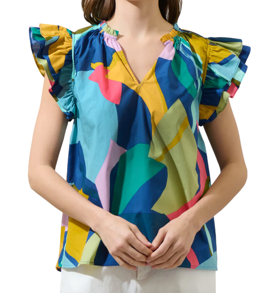 SUGARLIPS SUGAR LIPS Gia Abstract Risette Ruffle SPLIT NECK TOP Multi-Color SZ L