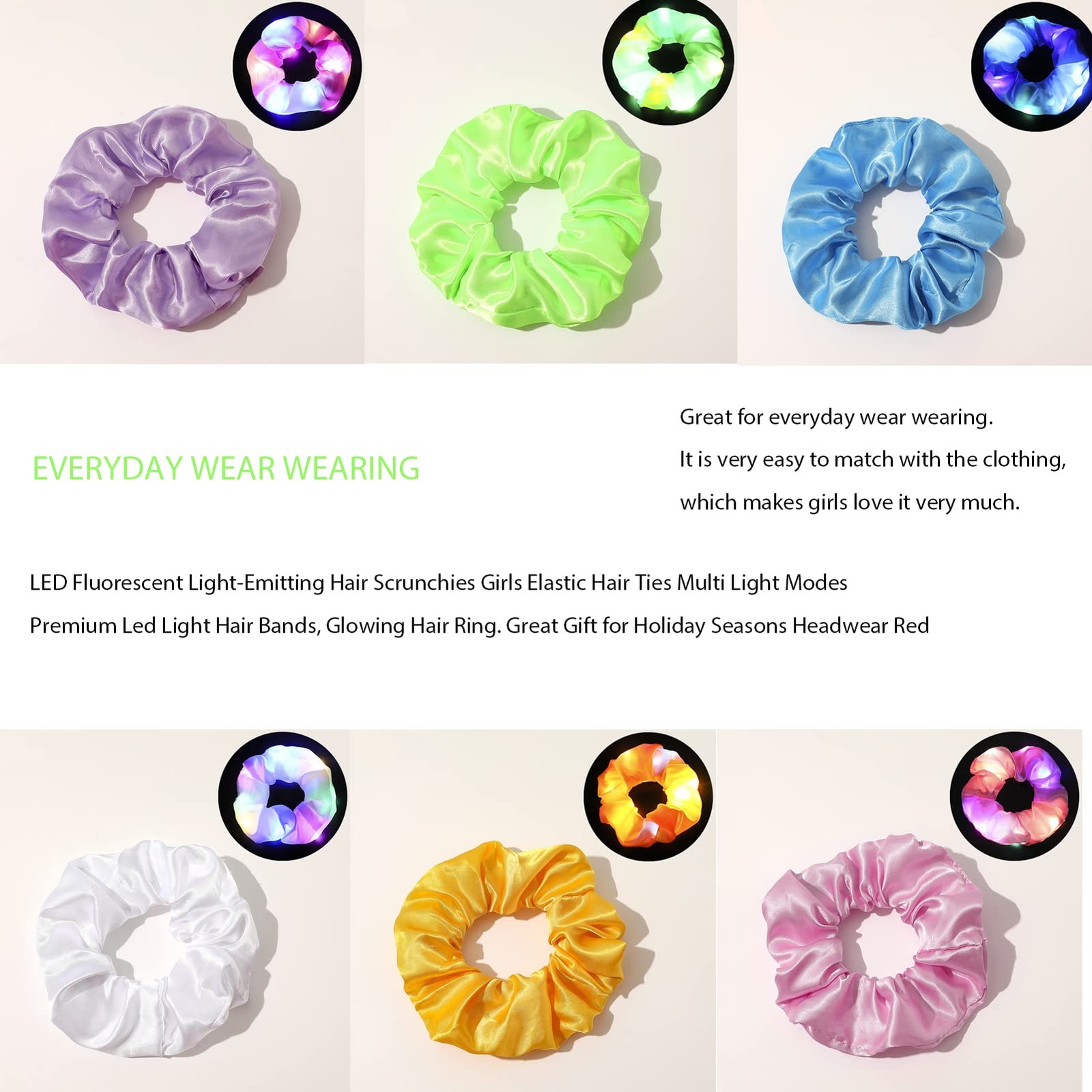 LED Scrunchies, 6 Pcs Light 1 Count (Pack of 6), Blue,Green,White,Pink,Purple