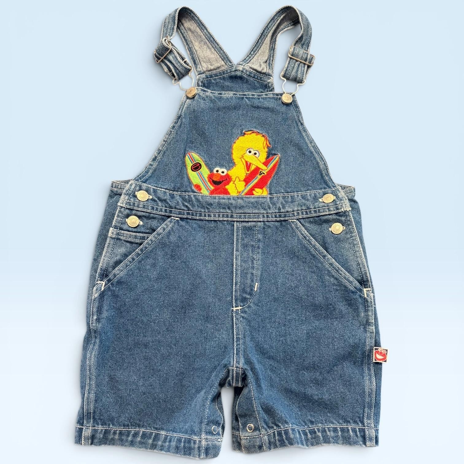 Sesame Street Shortall Kids 4T Blue Denim Big Bird Elmo Overalls Jeans