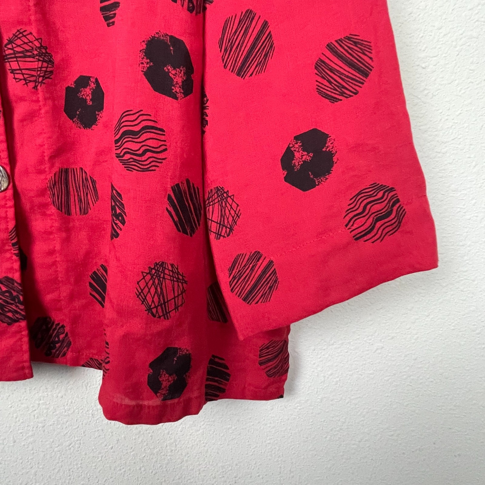 Fridaze Linen Top 1X Red Black Dots Button Up Boxy Lagenlook Boho Coastal