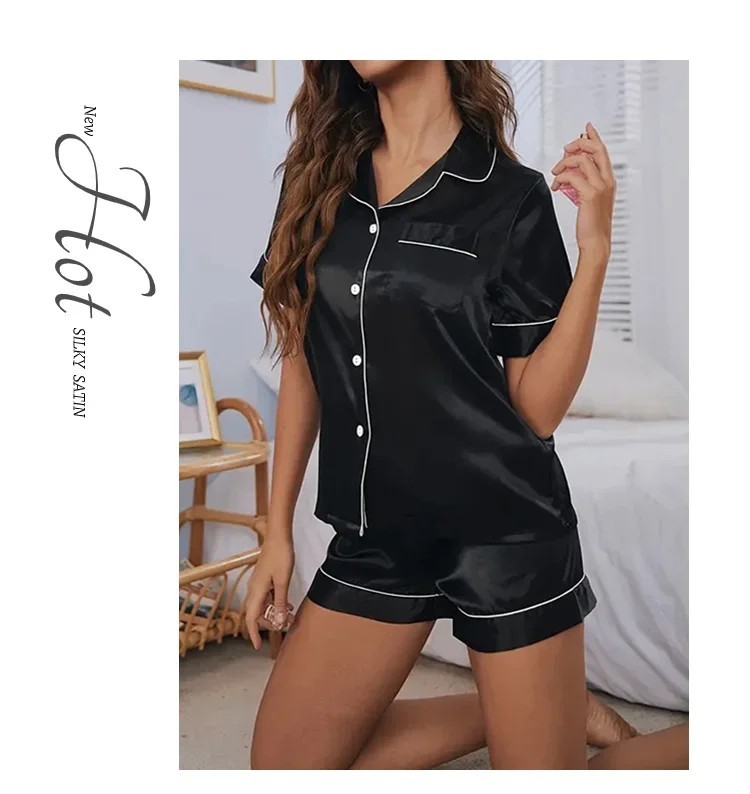 Womens Silk Satin Pajama Set 2 Piece Button Down Top Shorts Sleepwear Loungewear