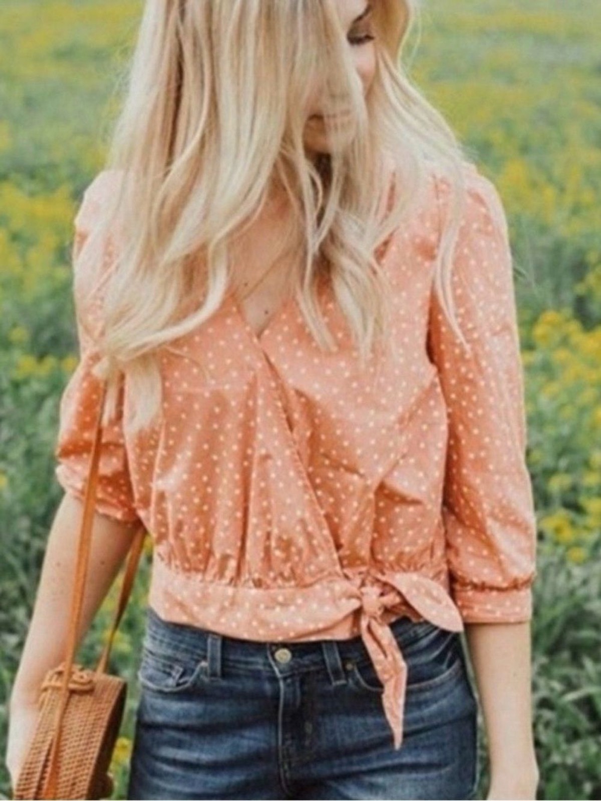 Madewell Star Scatter Print Wrap Blouse Top Peach Coral Medium 3/4 Sleeve