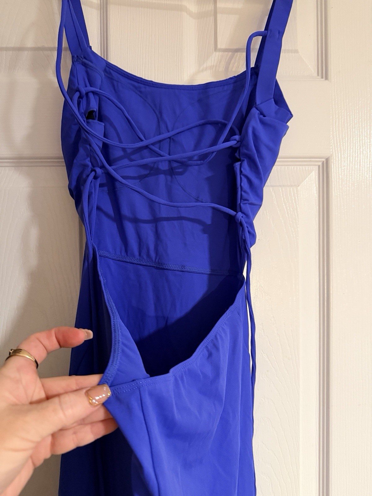 Halara Blue Midi Slip Dress L Square Neck Strappy Tie Back Stretch