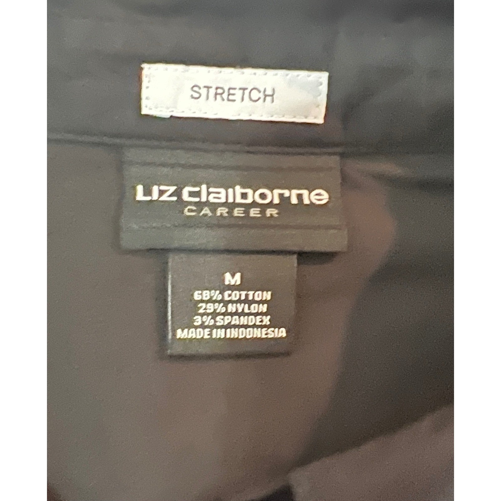 Liz Claiborne Career Black Stretch Button Up Shirt 3/4 Sleeve Hidden Placket M