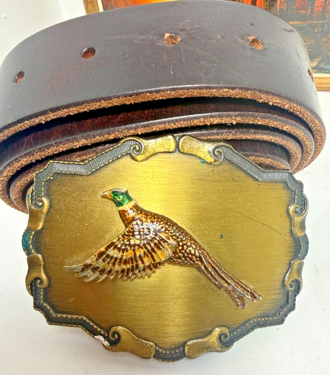 Vintage Raintree Ring-Necked Pheasant Belt Buckle w/ Gelante Leather Belt L38-40