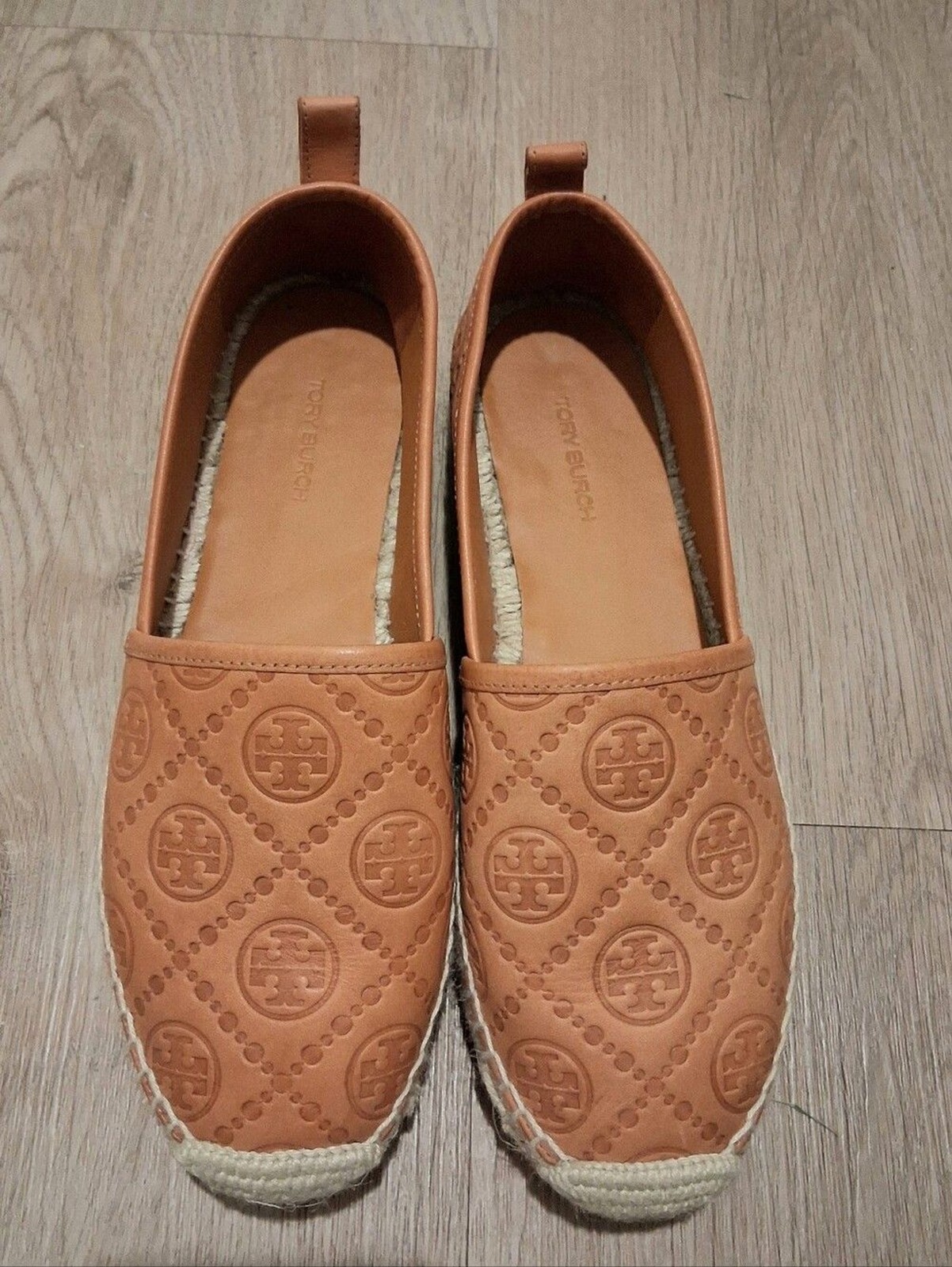 Tory Burch T-Monogram Embossed Tan Leather Espadrille Slip On Flats Size 7