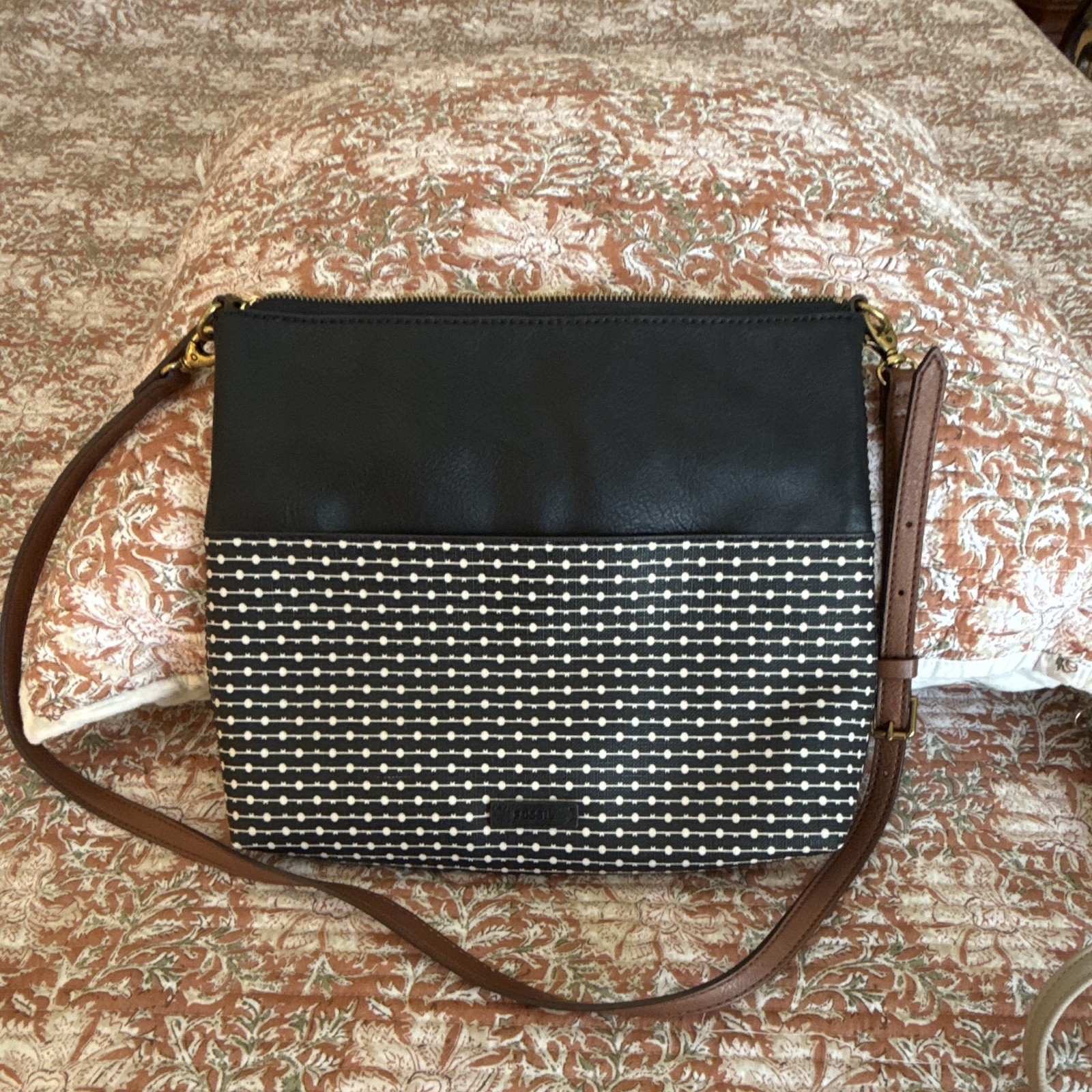Fossil Black White Geometric Crossbody Bag Zip Closure Brown Strap Gold HW