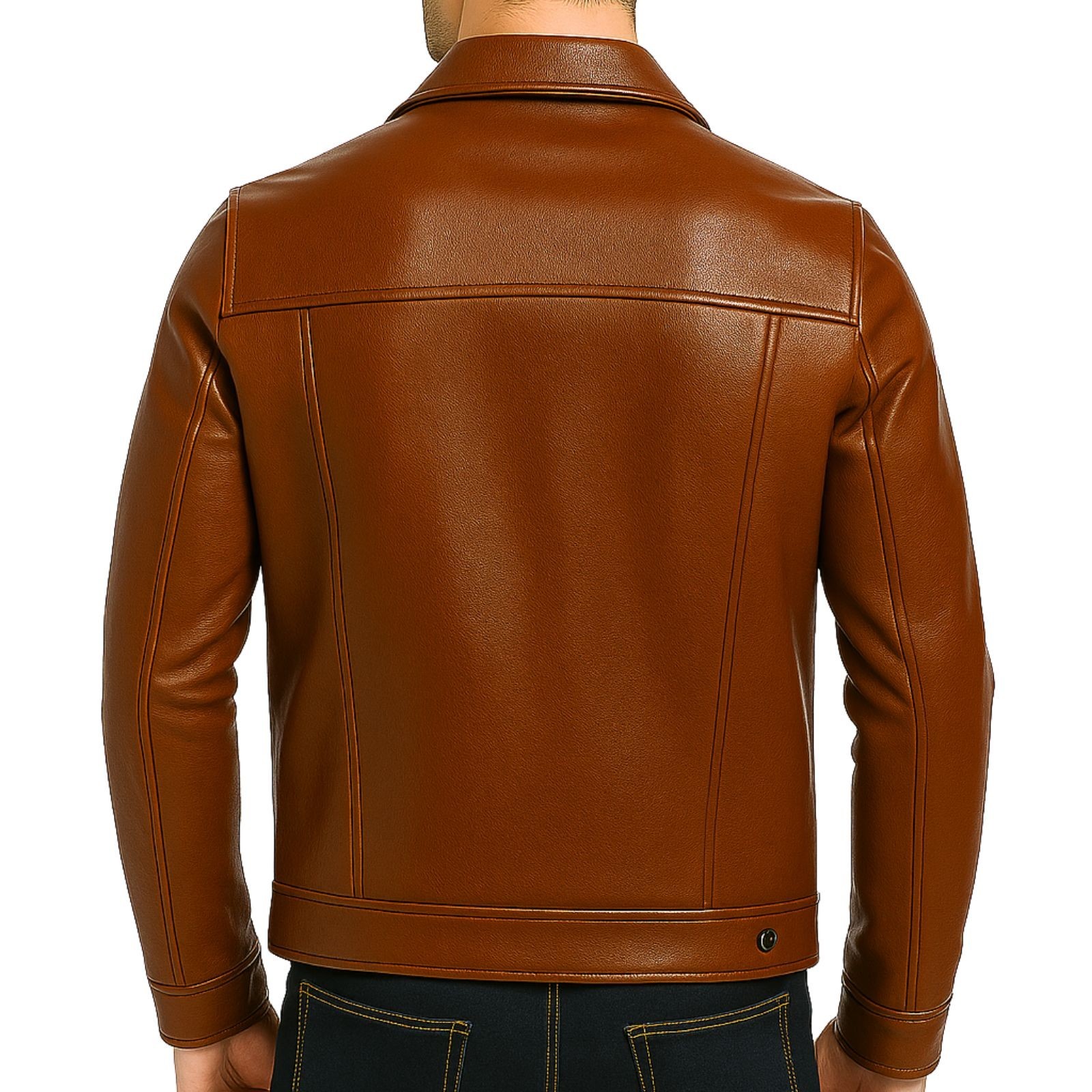 Men’s Genuine Leather Trucker Jacket Button-Up Classic Western Style Coat