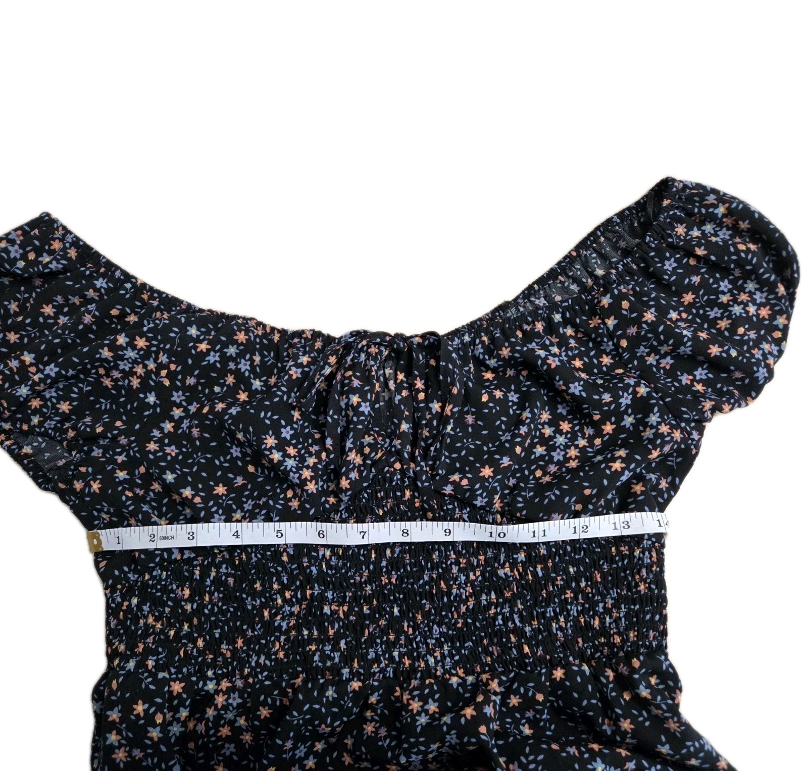 Papaya mini Length, smocked-waist, Cottagecore Dress, Ruffled Sleeves. Size Med.
