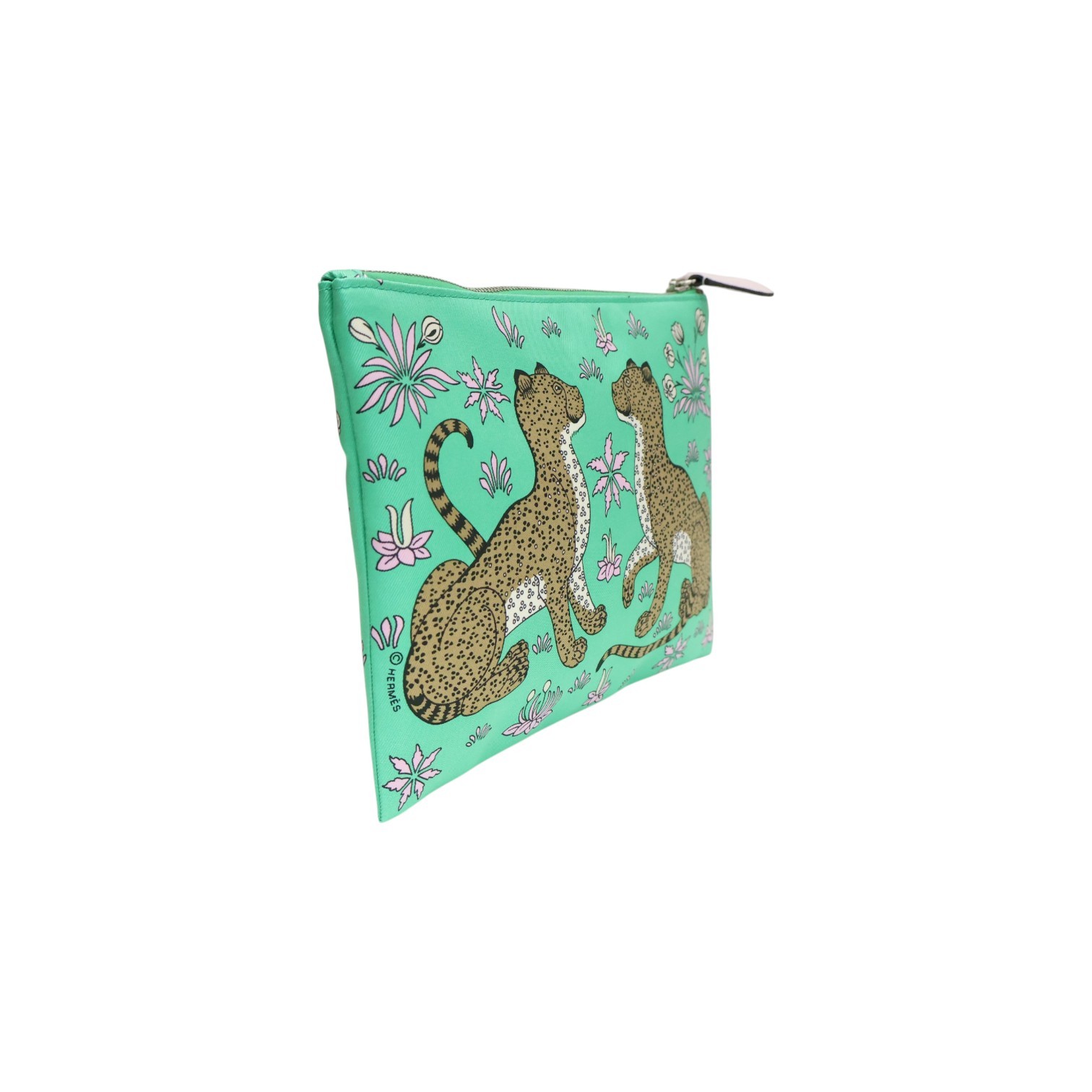 HERMES Les Leopards Silky Pocket Pouch Silk Green U Stamp H083771CKAD