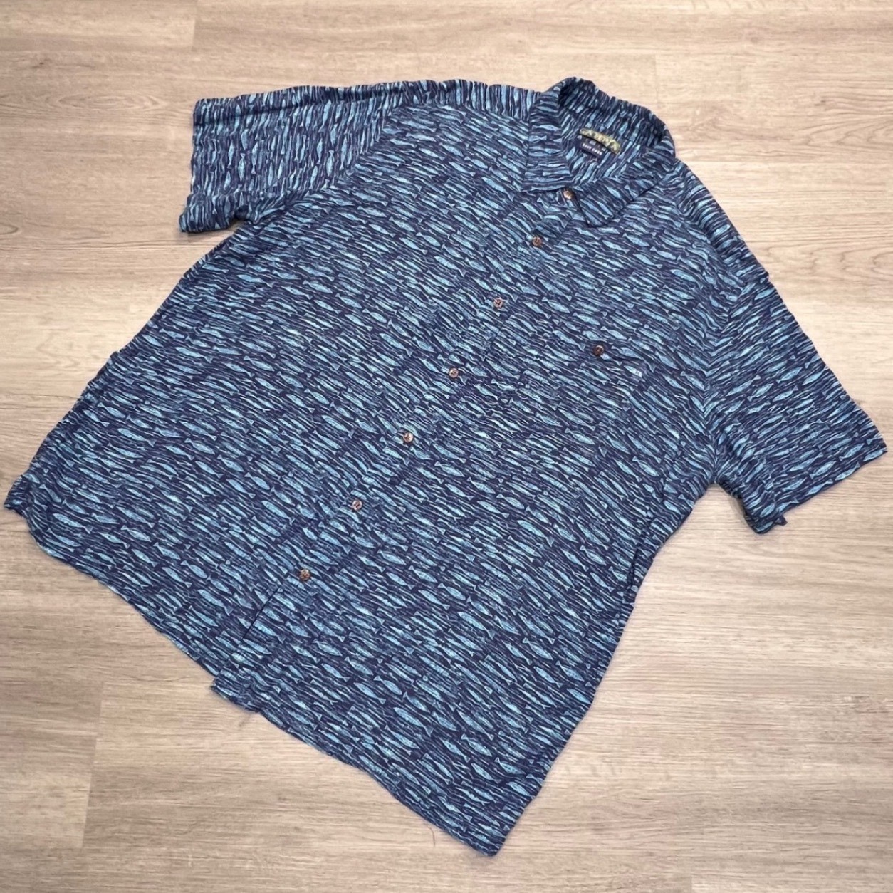 Campia Mens XXL Blue Fish Print Rayon Short Sleeve Button Down Shirt Easy Care