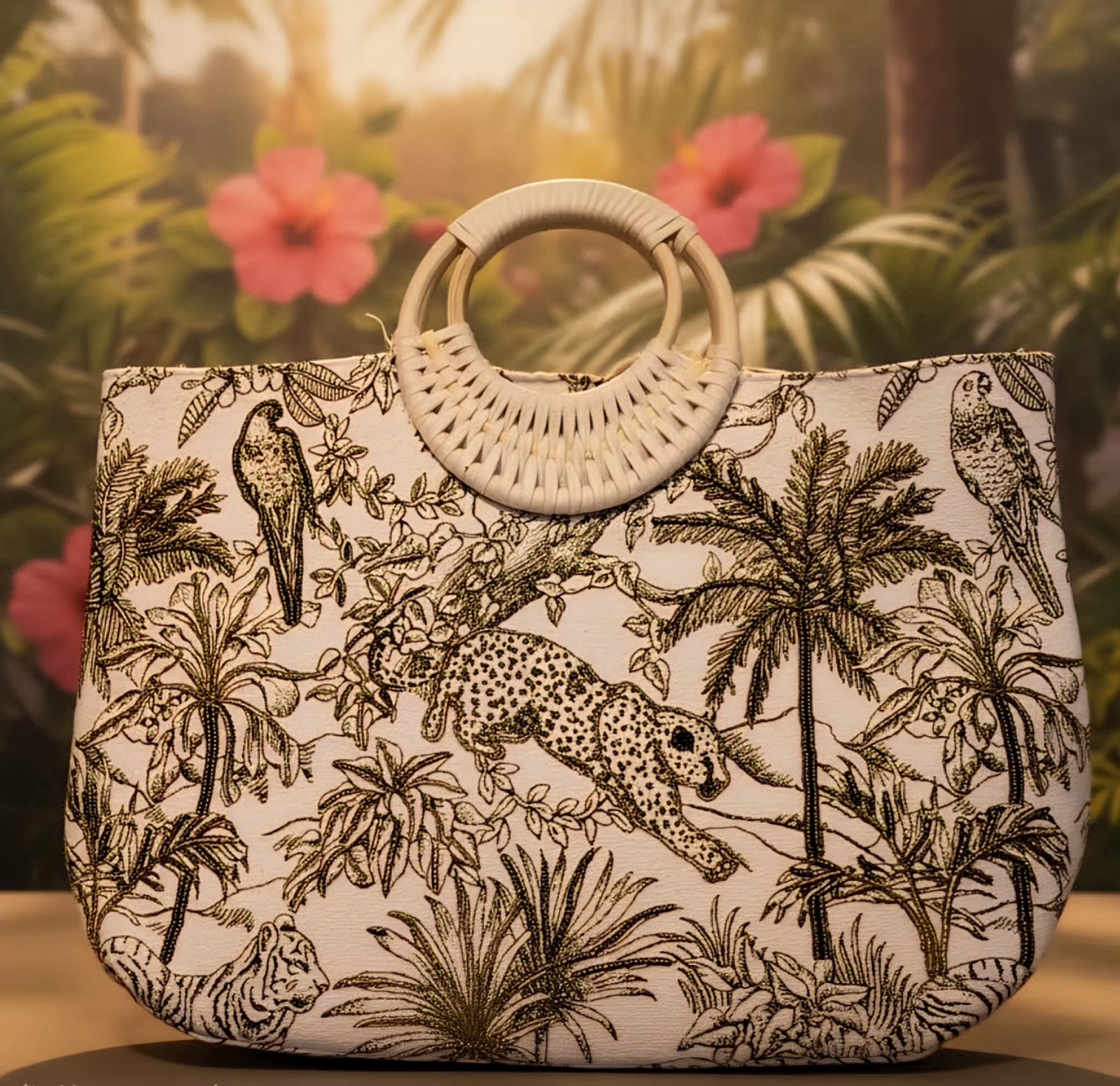 Designer Embroidery Safari Large Handbag With Round Woven Handles Detach Strap