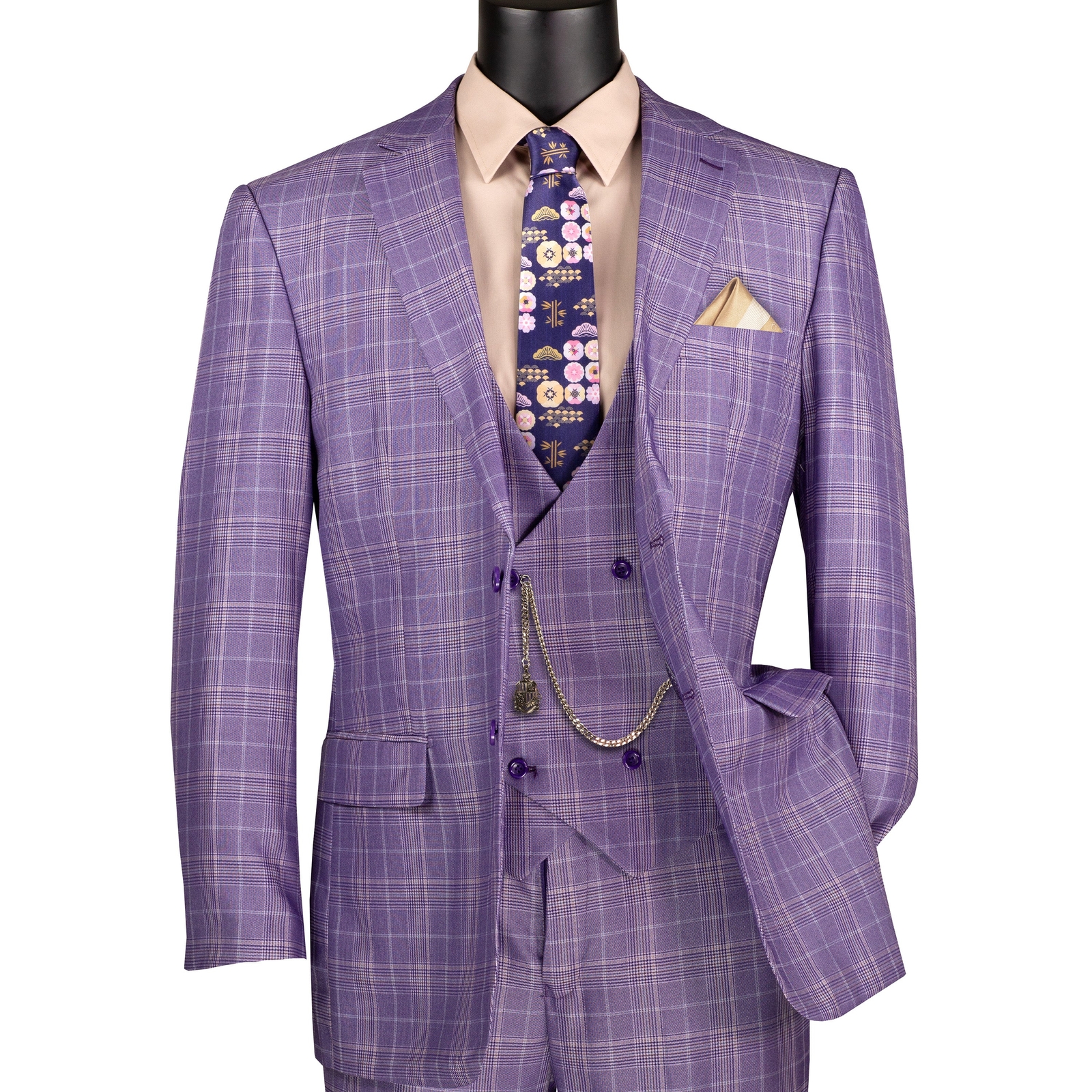 VINCI Men’s Light Purple Sharkskin Glen Plaid 3pc Classic-Fit Suit – NEW