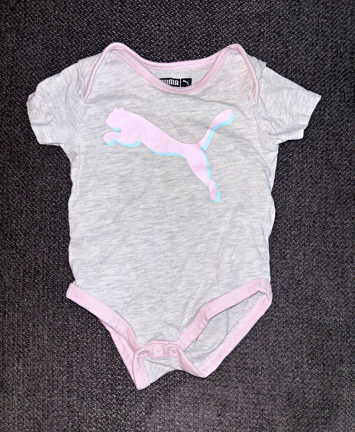 PUMA Baby One-Piece Bodysuit 0-3M Gray/Pink Cotton Knit Logo Short Sleeve Snap