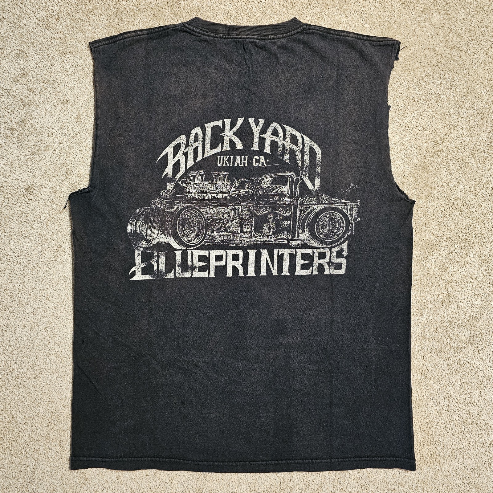 Vintage 90s Backyard Blueprinters Cutoff T-Shirt Mens M HotRod Grunge Faded Punk