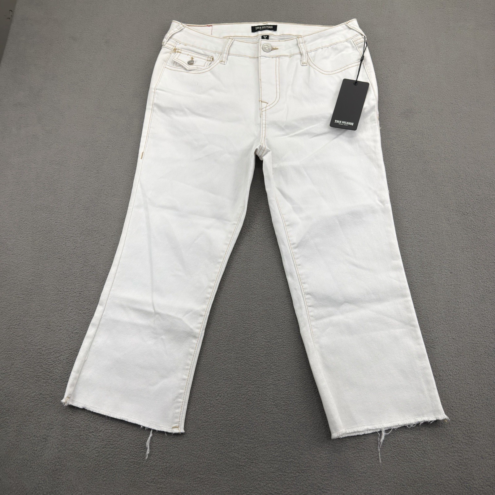 True Religion Flare Capri Jeans Womens 29 Optic White Flap Pockets NWT $159
