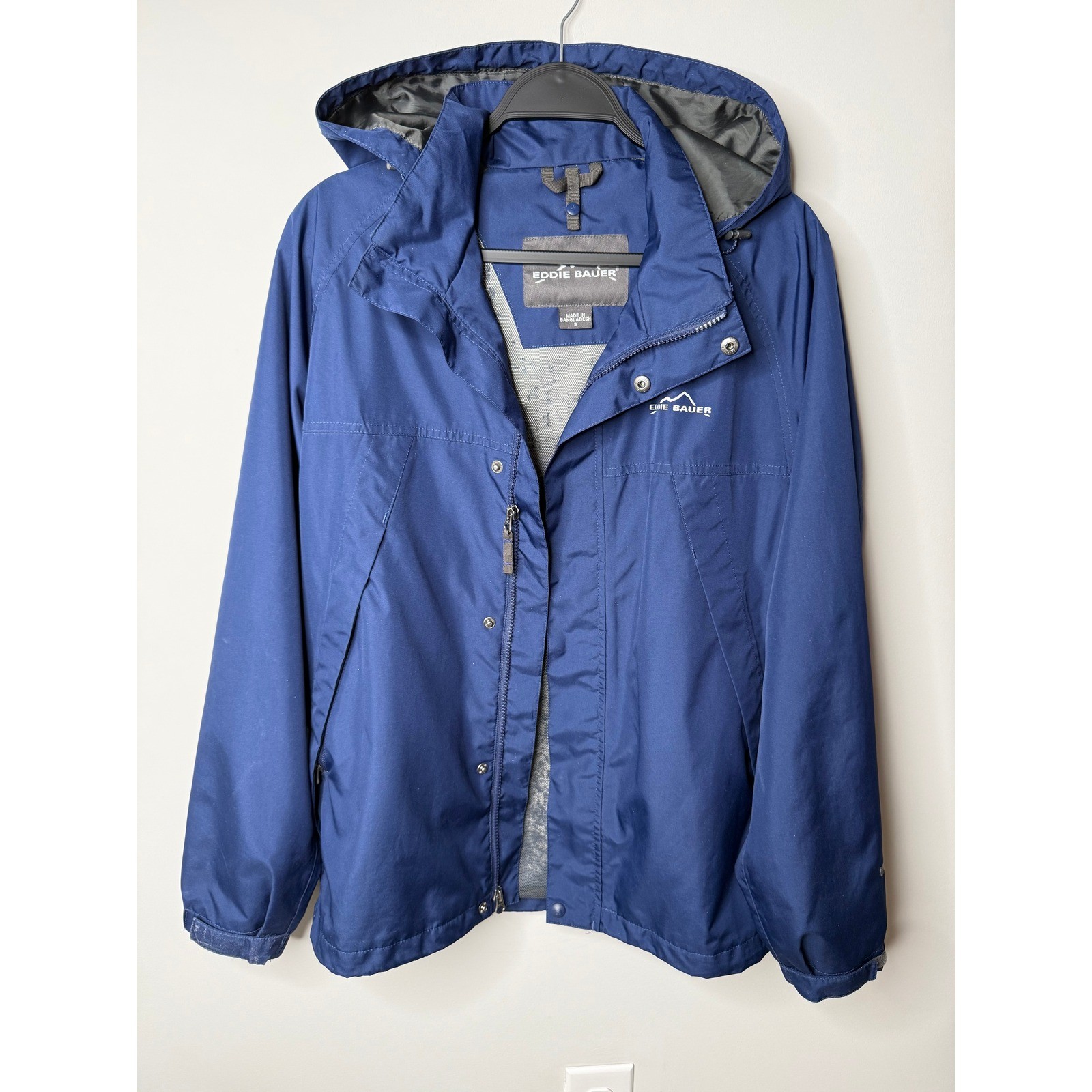Eddie Bauer WeatherEdge Mens Rain Jacket Navy Blue Hooded Full Zip Coat Small